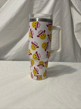 Katydid White Travel Mug with Yellow & Pink Smiley Hat Pattern